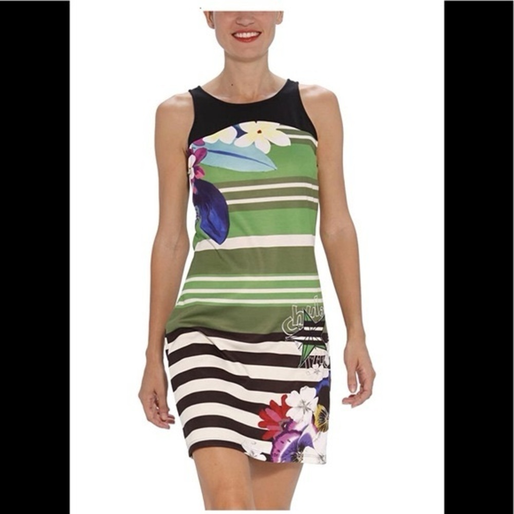 Desigual Green & Black Striped Mixed Media Stretch Mini Dress Size Medium